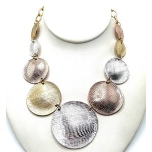 St. Thomas Tri Tone Textured Metal Disc Statement Necklace Modernist Y2K